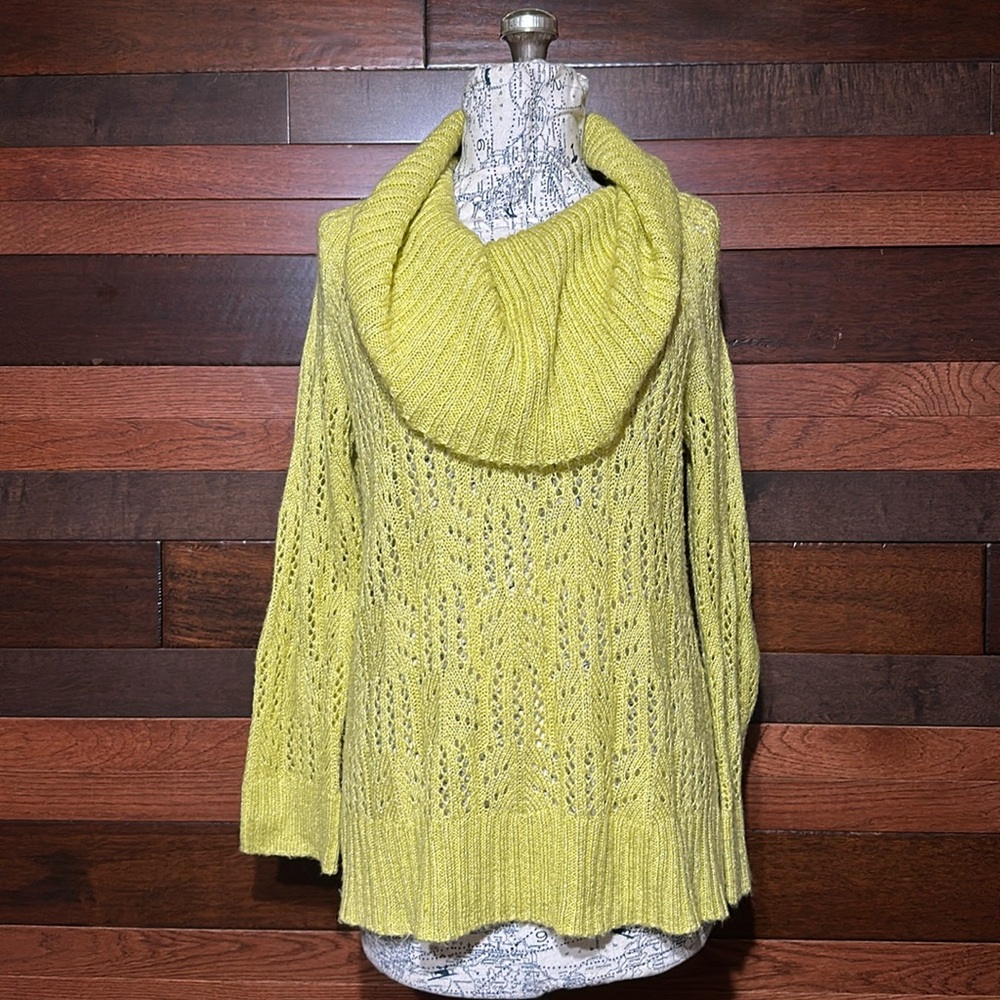 Elle Long Sleeve Lemon Lime Mesh Knit  Turtleneck Sweater